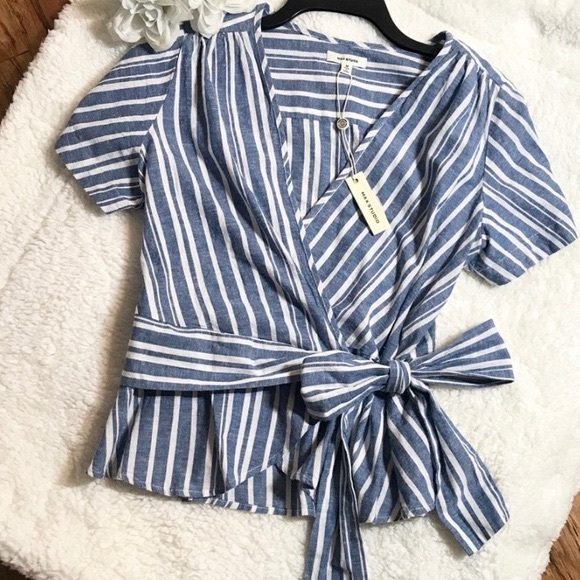 Max Studio Tops - $80 NWT MAX STUDIO Linen Cotton Blend Stripe Wrap Blouse, Size Medium